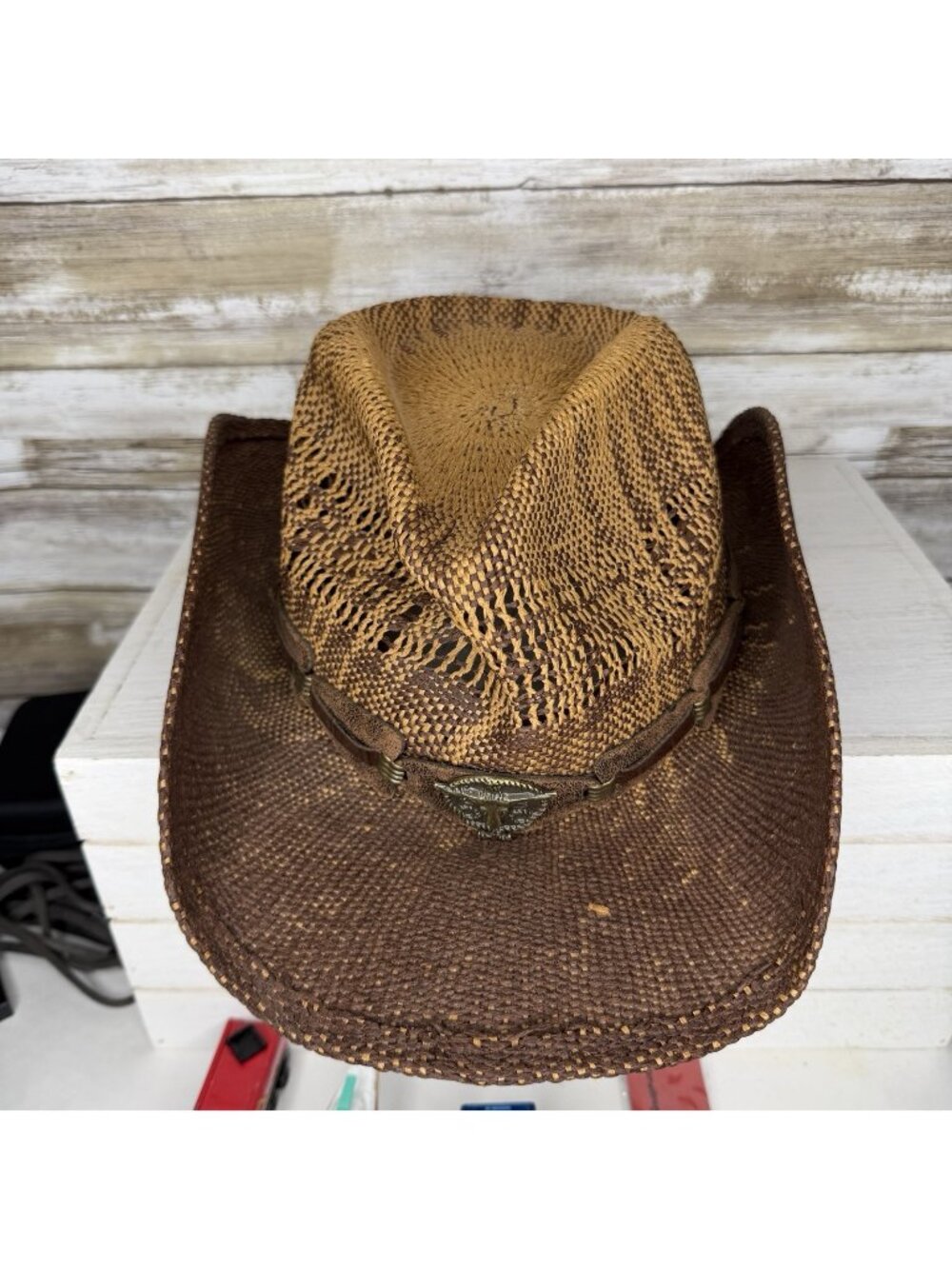 Enmay Los Angeles Brown Western Straw Cowboy Hat Leather Band